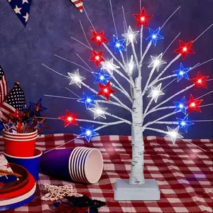 Patriotic LED Tree Lights, 24 Inch 4th of July Decorations Lighted Tree Lamp with 8 Lighting Modes & Timer, Red White Blue Tabletop Tree Light, USB Battery Operated Mini Bonsai Tree for Independence Day Indoor Home Table Party Decor