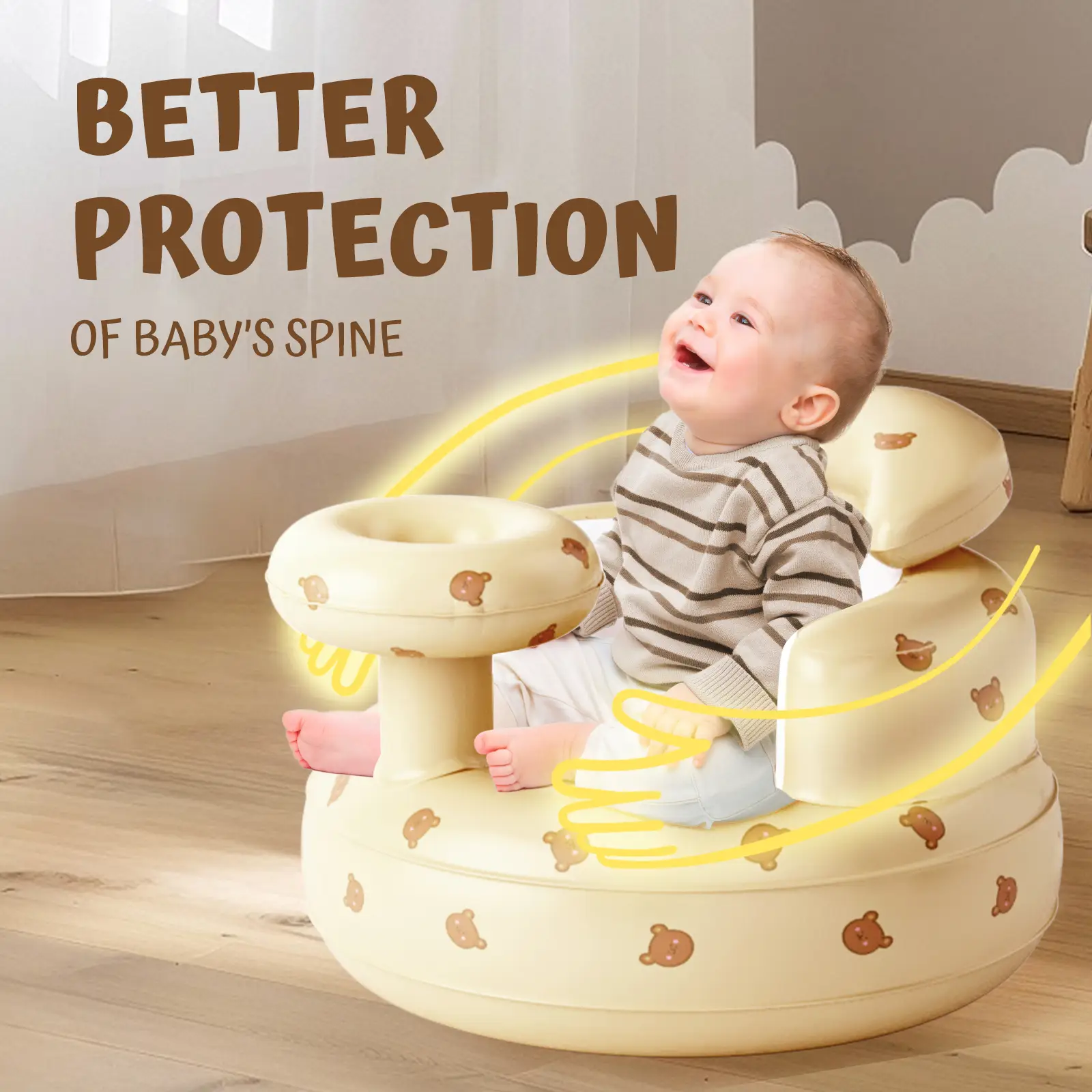 BabyBond Cozy Inflatable Baby Seat with Ventilated Base & Functional Tray, Built-in Air Pump Baby seat for Play Feeding and Bathing Ages 3-36, Baby Ch