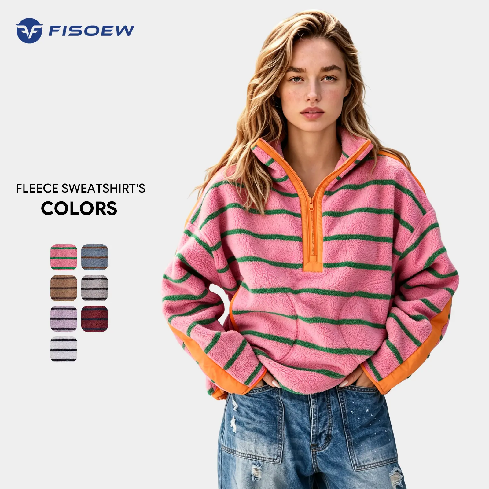 Fisoew Womens Fleece Sweatshirt Quarter Zip Pullover Winter Warm Coats Lightweight Loose Fit Featuring Oversized Collar SohoChic