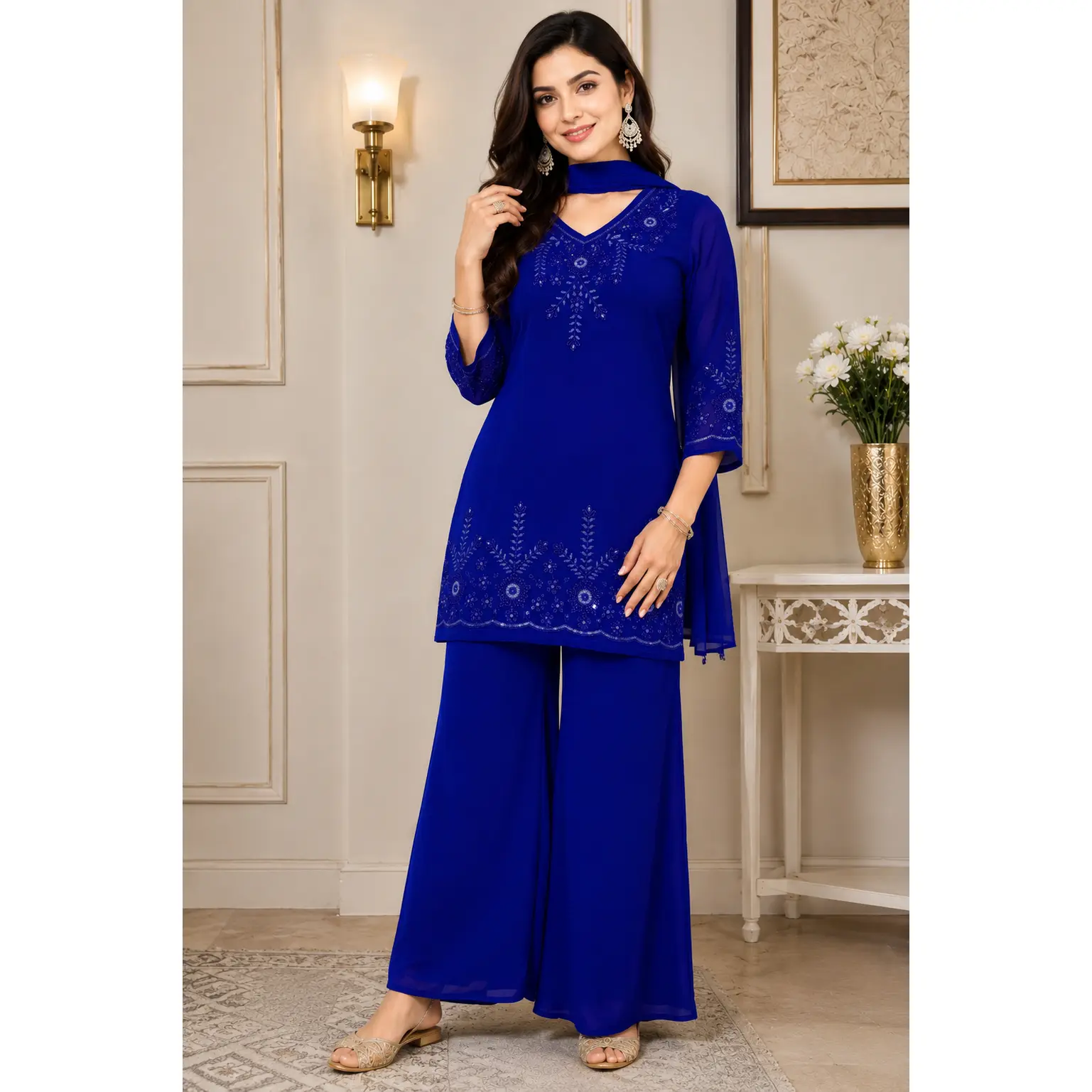 Georgette Handwork Palazzo Set with Lace Back