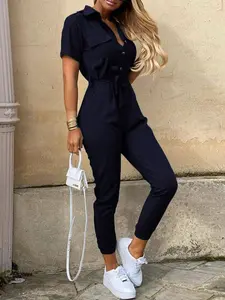 Women's Long Pants Casual Lapel Belted Print Jumpsuit, Stylish Workwear Overall, Comfortable and Trendy for Daily Wear