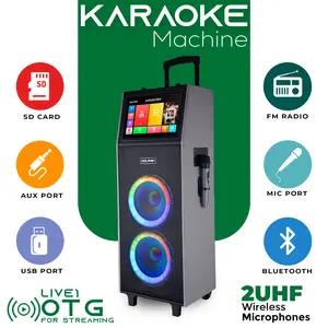 Dolphin KB-2100R Dual 10" Karaoke Speaker with 14.1" Touchscreen Android 12, Bluetooth, Voice Effects, HDMI, Rechargeable Battery, Sound-Activated Ring Lights, 4000W Power, 2UHF Wireless Microphones