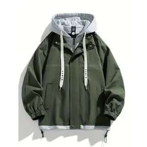 Men's Trendy Hooded Windbreaker Jacket - Casual Color Block, Zip-Up with Drawstring & Pockets for Fall/Winter