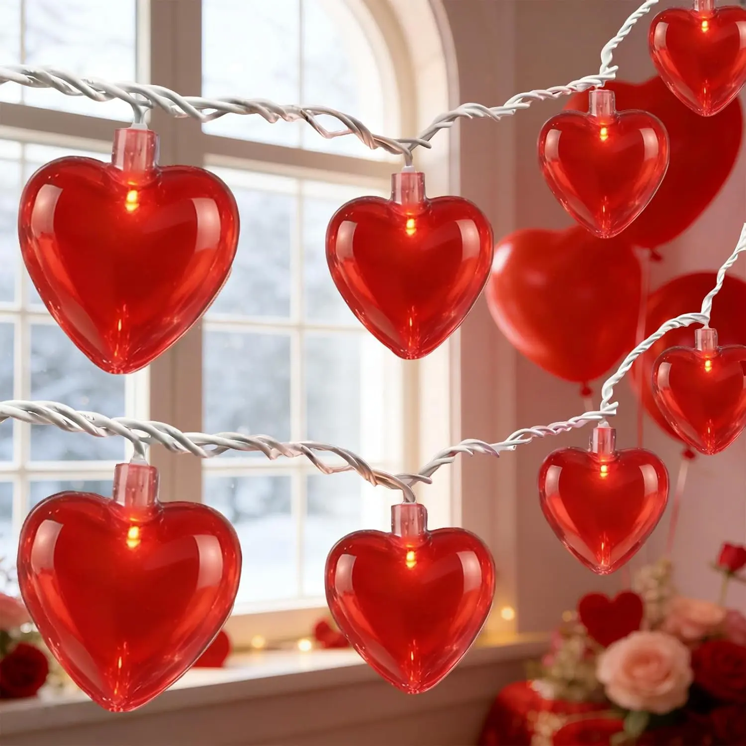8.5Ft Valentines Day Lights,Red Heart String Lights with 10 Red Heart, Connectable Romantic Valentine Lights String for Gifts Party Wedding Christmas Valentine Decor