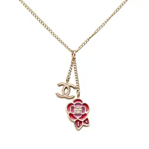 Pre-owned CHANEL Brass Small Leather Goods Camellia Coco Mark Flower Necklace