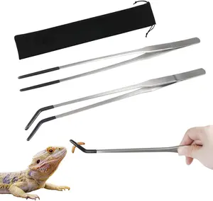 2 count Stainless Steel Reptile Feeding Tongs with Rubber Tip, 10.6" Straight and Curved Long Tweezers Terrarium Aquascape Tools Feeder for Lizards, Bearded Dragon Snake Enclosure Tank Accessories