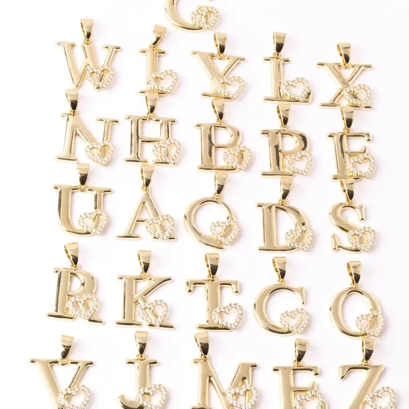 14K Gold Plated Initial Letter Chain Necklace - 3mm, with CZ Sparkling Stone Heart Pendant, Casual Daily Everyday Simple Costume Jewelry Charm