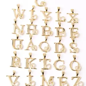14K Gold Plated Initial Letter Chain Necklace - 3mm, with CZ Sparkling Stone Heart Pendant, Casual Daily Everyday Simple Costume Jewelry Charm