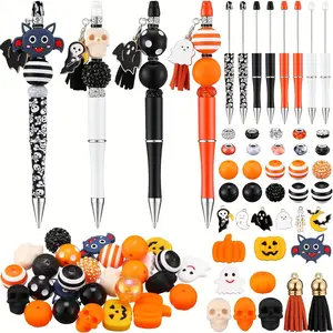 133 Halloween Bead Pen Set, Including 12 Ballpoint Pens, 79 Bead Beads, 6 Halloween Drip Alloys, 12 Lobster Clasps, 12 Jump Rings, And 12 Tassels, DIY Black Ink Pumpkin Skeleton Ghost Bat Bead Set