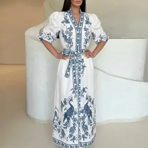 ChicMe Women's Floral & Peacock Print Maxi Dress Notch Neck Puff Half Sleeve A-Line Dress with Matching Belt and Button Detail