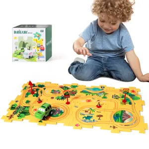 Puzzle Racer Kids Car Track Set, Plastic Floor Puzzles for Kids Ages 3-5 with Vehicles, Electric Trolley Puzzle, Toys Gifts for 2 3 4 5 6 Year Old Boys Girls, Montessori Toys for 3+ Years Truck Wooden