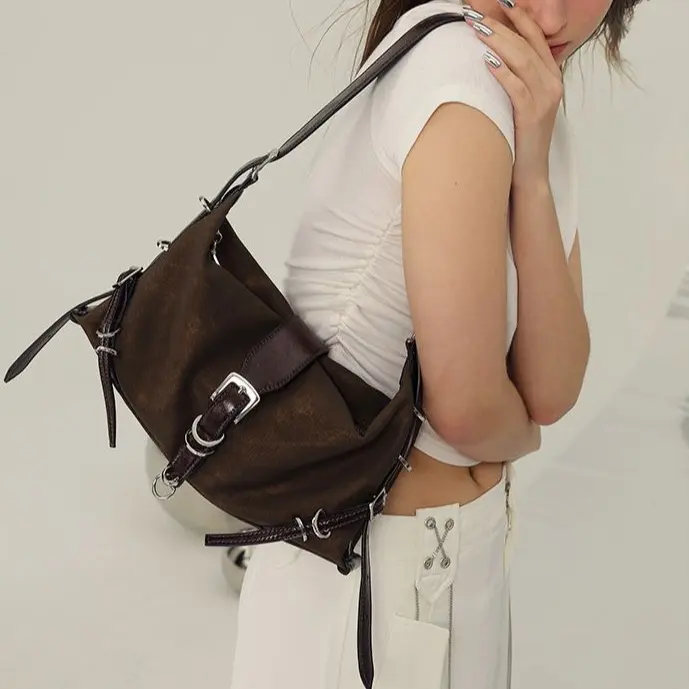 Retro Spicy Girl Multifunctional Handbag,Women’s Mini Shoulder Bag, Motorcycle Inspired Crossbody Purse, Retro Suede Single Shoulder Bag,Y2K Fashion Handbag, cool girl bag,Cute Small Phone Bag for Women
