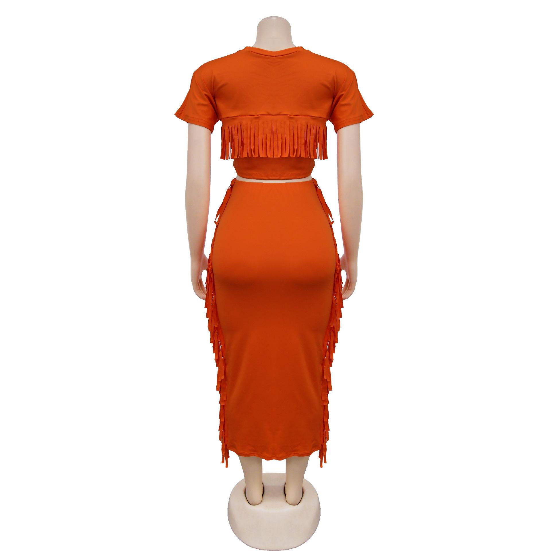 FashionableStyle Solid Color Fringe Round Neck Short Sleeve Long Dress Two-Piece Set