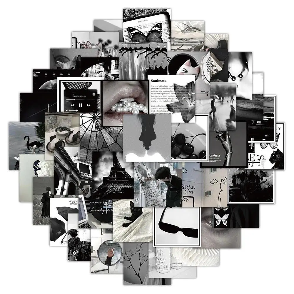 60PCS INS Style Fresh and Healing Black and White Graffiti Stickers for Helmet Bicycle Hand Account Pencil Case Decals Sticker Packs