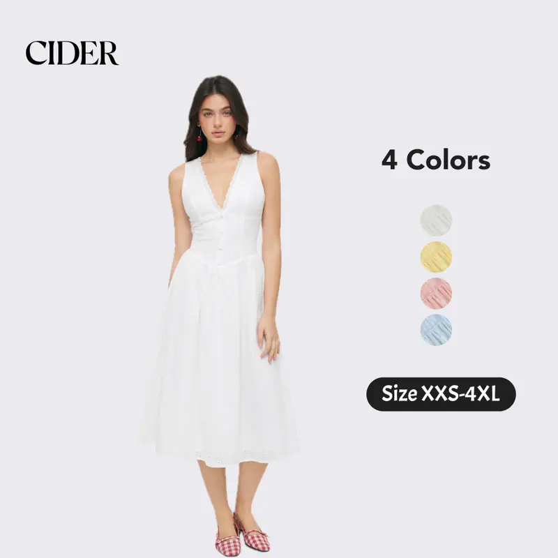 Cider Cotton-blend Sculptural V-neck Broderie Anglaise Floral Lace Trim Button Midi Dress