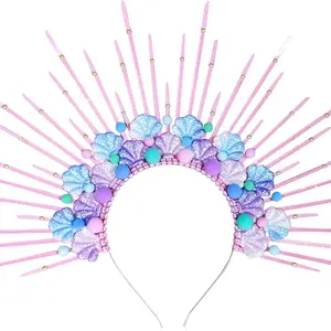 LaVenty Pink Halo Crown Headpiece Mermaid Headband Seashell Crown Spiked Headband Siren Costume Women Christmas Cosplay Renaissance