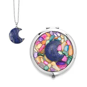 Livmore Blue Cosmetic Gemstone Mirror with Matching Lapis Lazuli Heart Necklace 20 Inches in Silvertone