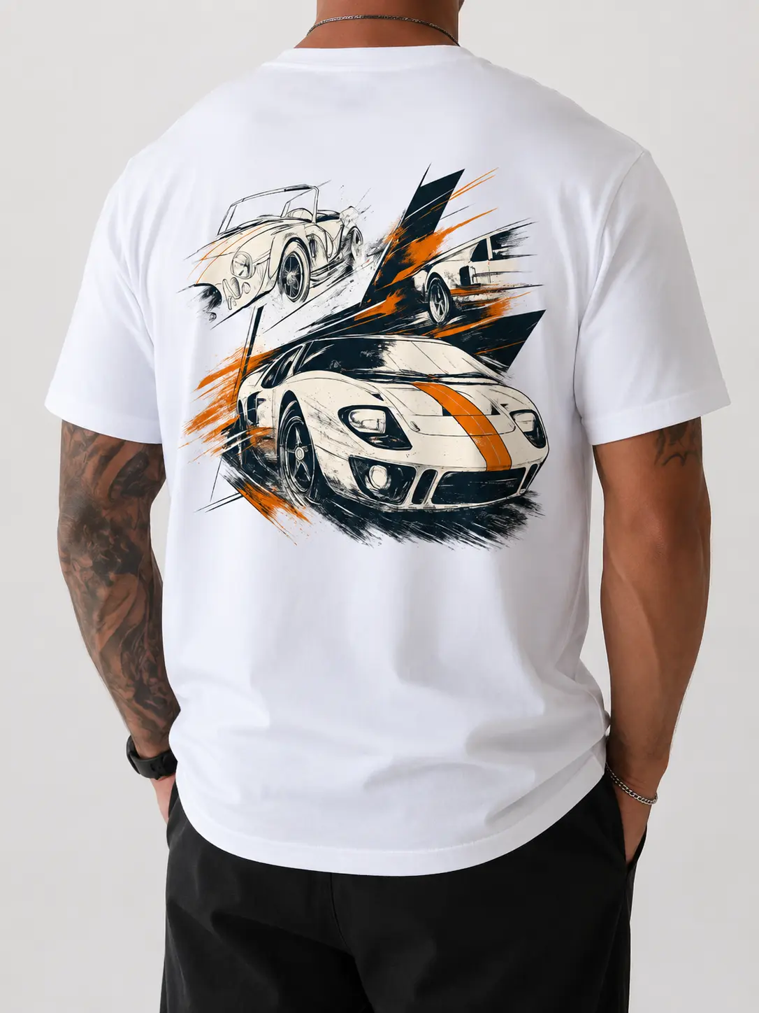 Men's Graphic T-Shirt, Vintage Racing Car Print, 100% Cotton Short Sleeve Streetwear Top, Smooth Breathable Fabric, Shortsleeve, Menswear, Tshirt, Soft, Round Neck