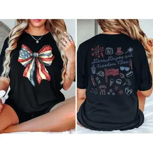 Coquette Bow 4th of July T-Shirt,American Flag tee,Coquette USA T-shirt, Retro 4th of July Crewneck, Patriotic Coquette Bow Shirt Gift