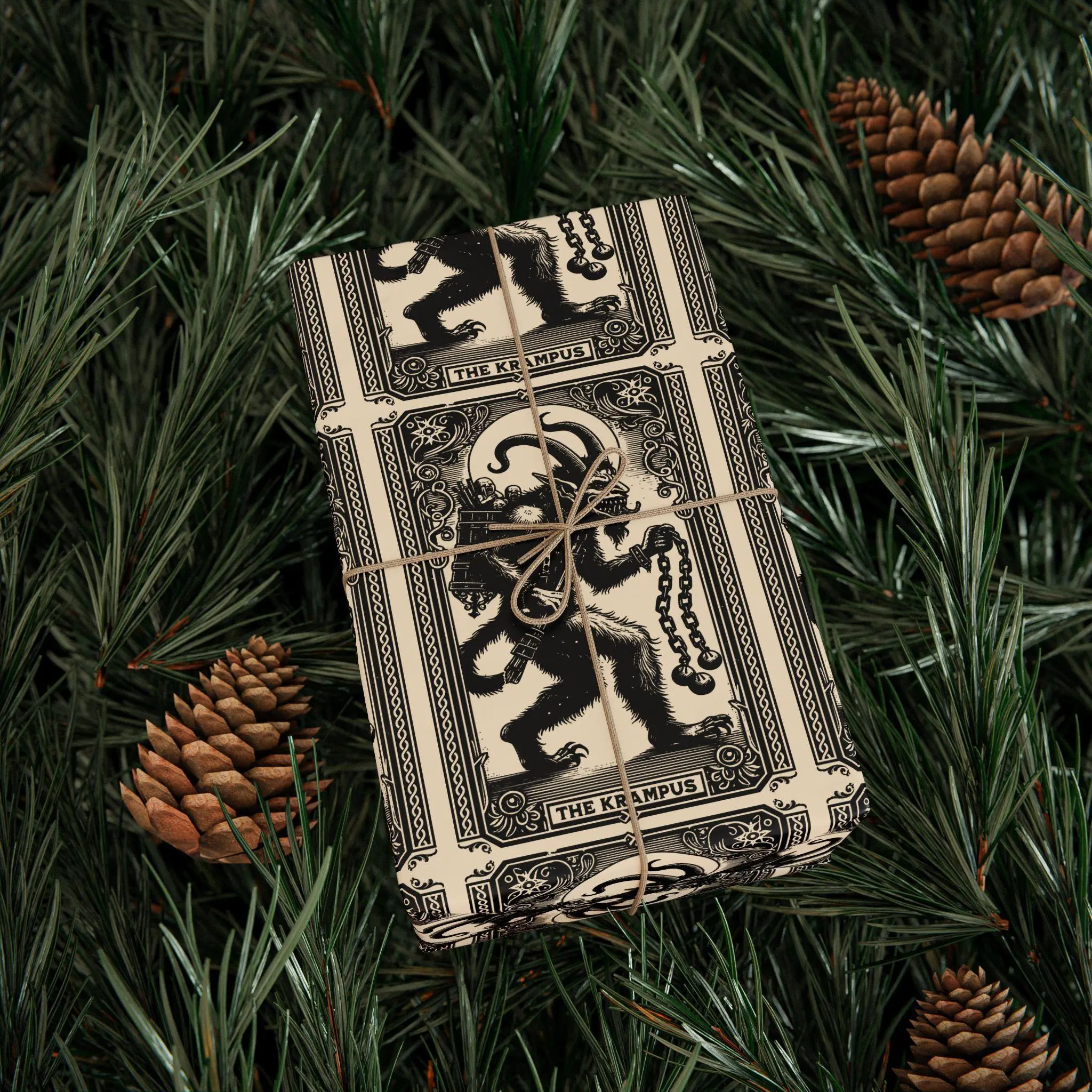 Krampus Wrapping Paper, Vintage Tarot Card Gift Wrap, Goth Christmas Present Paper with Creepmas Holiday Aesthetic and Occult Krampus Design