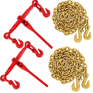 2-Piece Chain Binder Set, Fits 5/16"-3/8", G70 Ratchet Load Binders with 9200 lbs Working Load Limit, 5/16"×10ft Chains & Grab Hooks, Heavy Duty Tie Down Tools for Truck Hauling & Towing