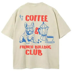Coffee French Bulldog Club T-shirt, Unisex Casual Cotton Comfort Shirt, Vintage CrewNeck Acid Washed Oversized Drop Shoulder Heavyweight T-shirt, Baggy Workout Tops Short Sleeve Shirt