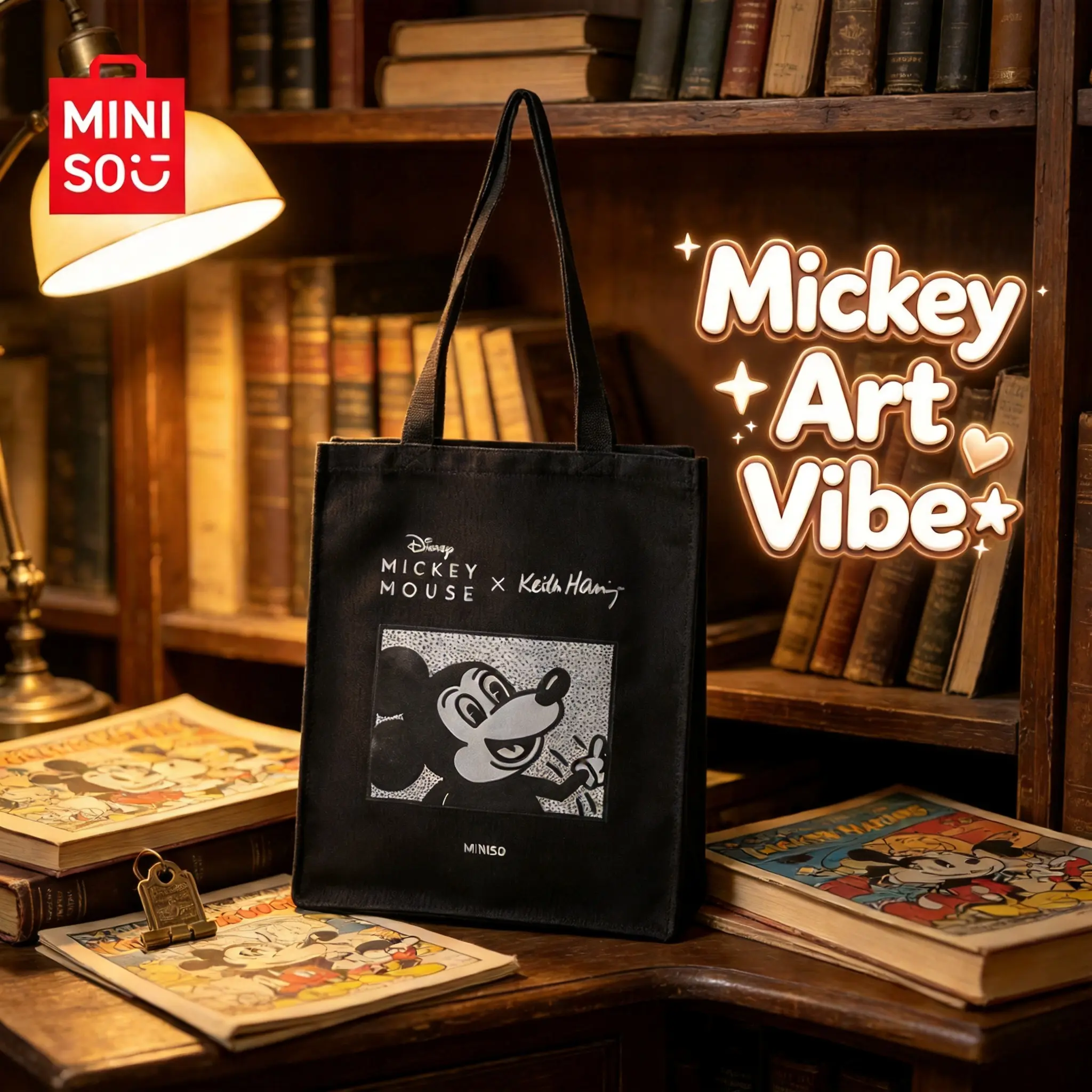 Miniso Disney Mickey x Keith Haring Artist Series Canvas Shoulder Tote Bag, Large Capacity for Commuting and Everyday Use, Art‑Collab Style, Haring X Mickey