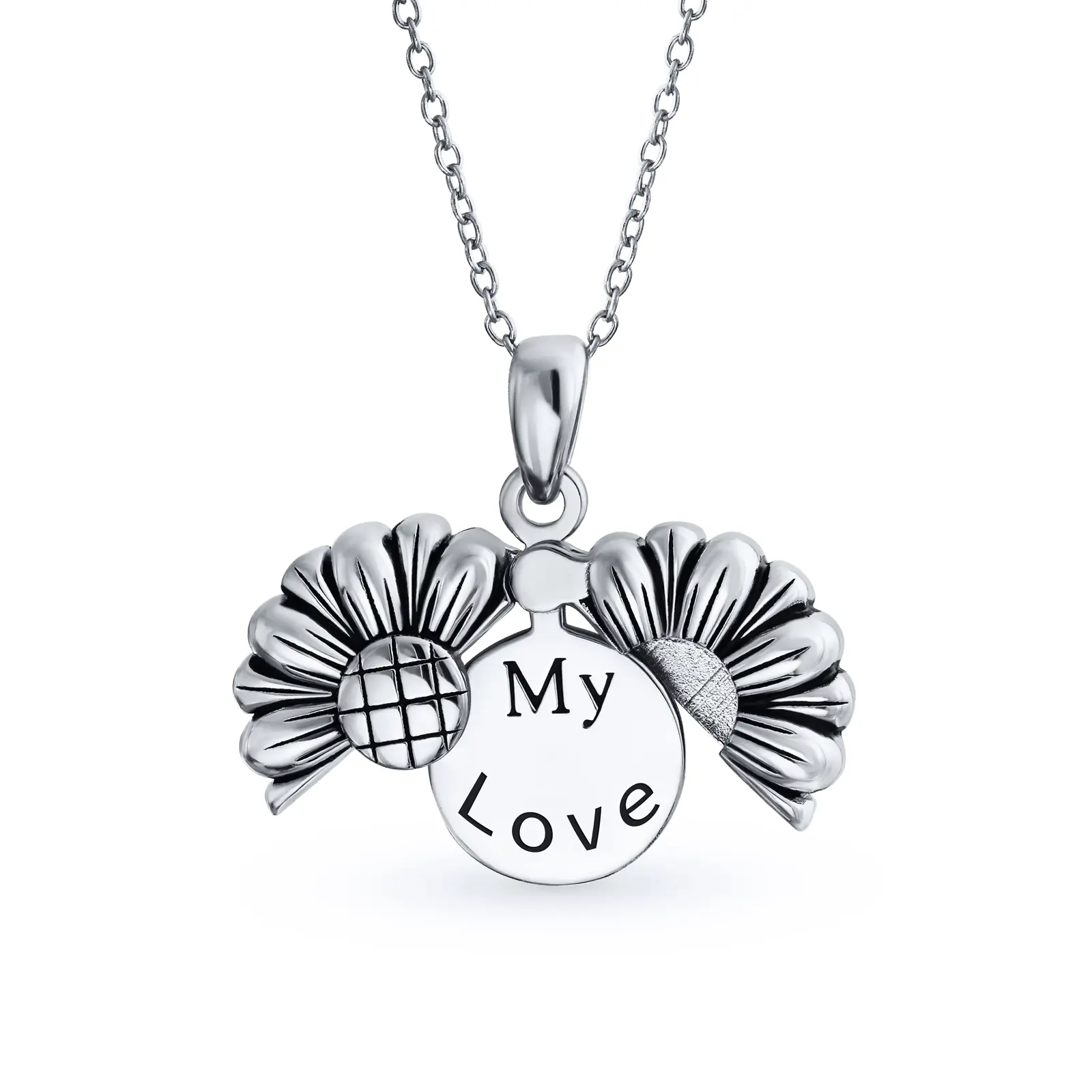 Sterling Silver Sunflower Open Locket Pendant Necklace Floral Design “My Love” Inspirational Message