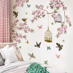 2 Sakura Branches Bird Butterfly Art Wall Stickers, Bedroom Floral Girl Home Children Life Kindergarten Room Decor Gloss Vinyl Decal PVC Self-Adhesive