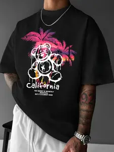 Men'S California Style Graffiti Bear Graphic Print T-Shirt, Suitable for Everyday Casual Wear, Street Style, Men'S Crew Neck T-Shirt, Loose Fit