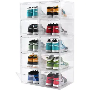 10 Pack Large Shoe Boxes Clear Plastic Stackable,Drop Front Shoe Box with Clear Door, Shoe Containers For Sneaker Display,Fit up to  Size12 (clear, 10 pack)