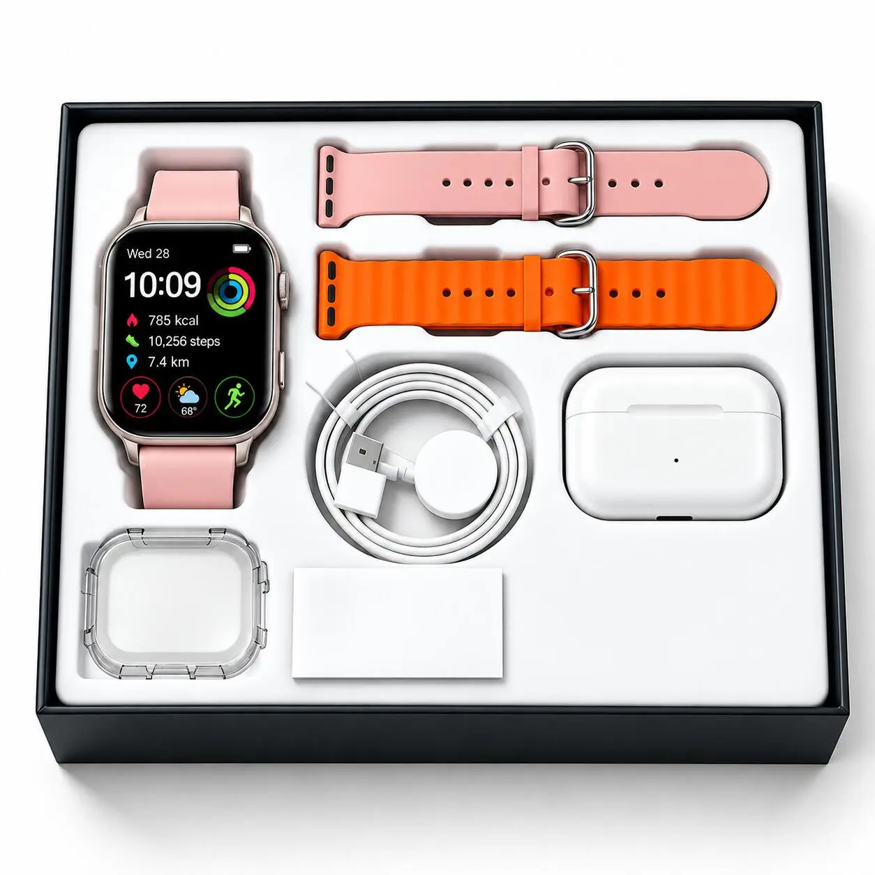 Brand New 2027 Smartwatch Android and IOS compatible. Adjustable IP67-Rated Smart Watch Kit with Bluetooth Headphones, Type-C Cable, Wireless Charger. Audio Support, GPS Tracker, and VR glasses syncing capabilities.