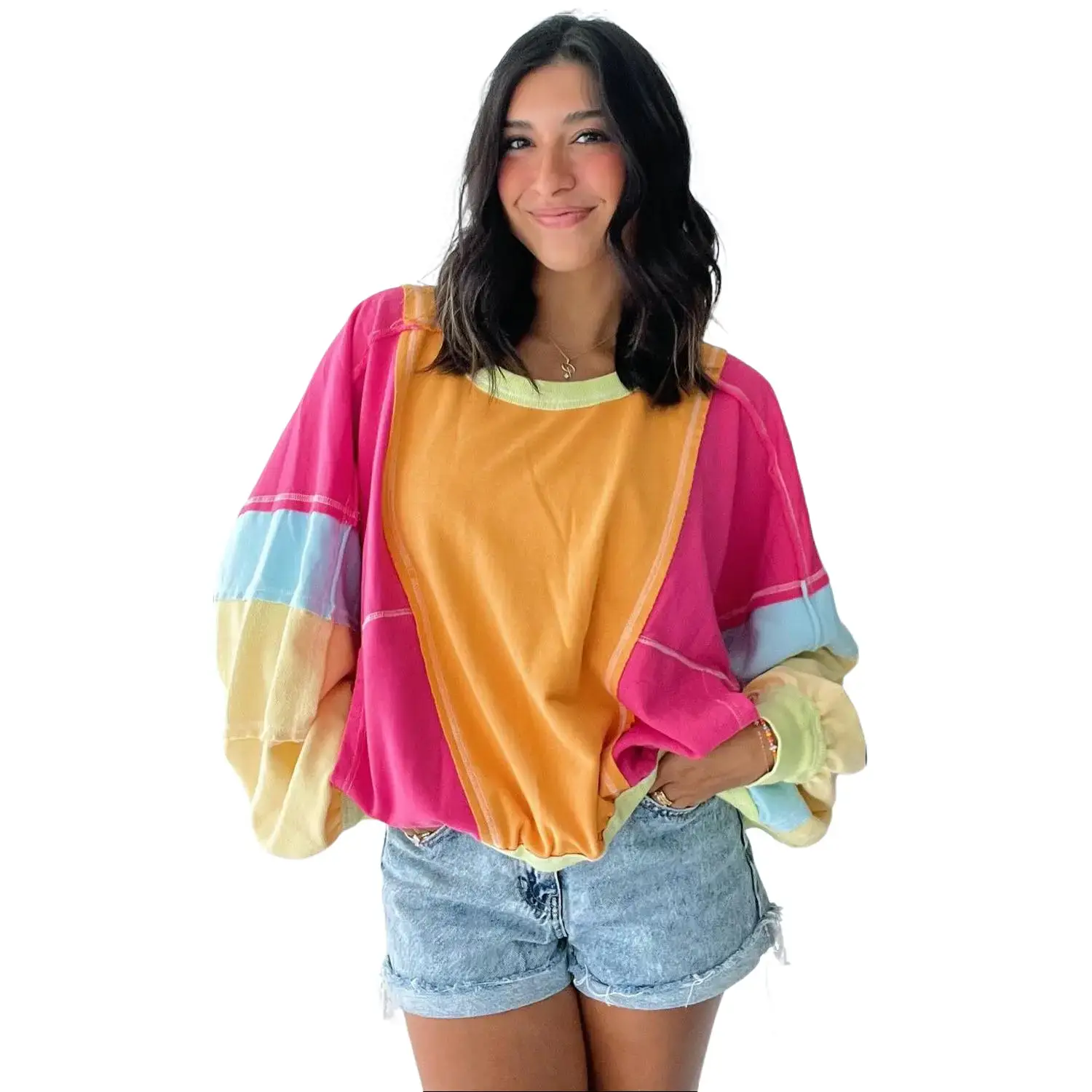 Rose Red Plus Size Colorblock Patchwork Exposed Seam Sweatshirt