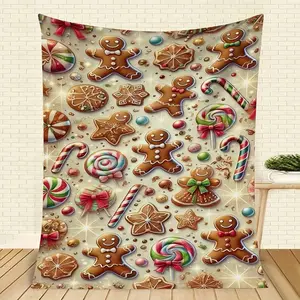 1pc Ultra-Soft Flannel Blanket - Gingerbread Cookies & Candy Cane Design, All-Season Cozy Throw Bed, Sofa, Camping - Washable Indoor/Outdoor Use, Holiday, Blanket, Seasonal Home Decor, Texture, Birthday Mother's Day Size 70x140cm/27. 56x55. 12 In
