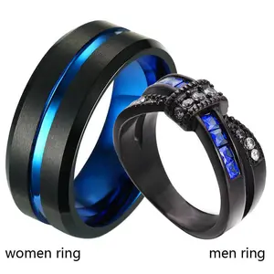 Ringcrown Couple Rings Matching Rings Princess Cut Blue CZ Black Gold Plated Women Wedding Ring For Him And Her Men Titanium Steel Wedding Band