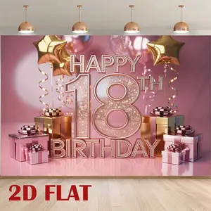 2D Plane Photography Backdrop Banner - Pink Happy 18Th Birthday Themed Fabric for Party Photo Backgrounds & Decorations White Ornaments