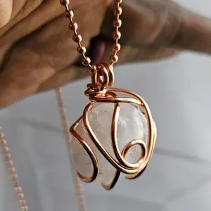 2.4mm Ball Chain Tumbled Selenite Crystal Pendant Necklaces 24 Inches, Thick 14 Gauge Copper Wire Wrapped Jewelry, - Clarity and cleansing - Spiritual connection - Peace and harmony [Made-to-Order]