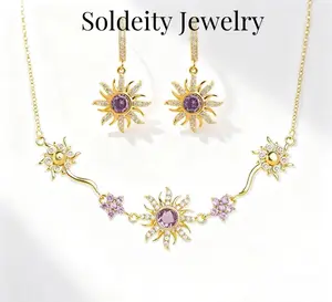 Sun Flower Bracelet Purple  Princess Zircon Gemstone Sweet Bracelet Necklace jewelry Set for Christmas New Year Gift