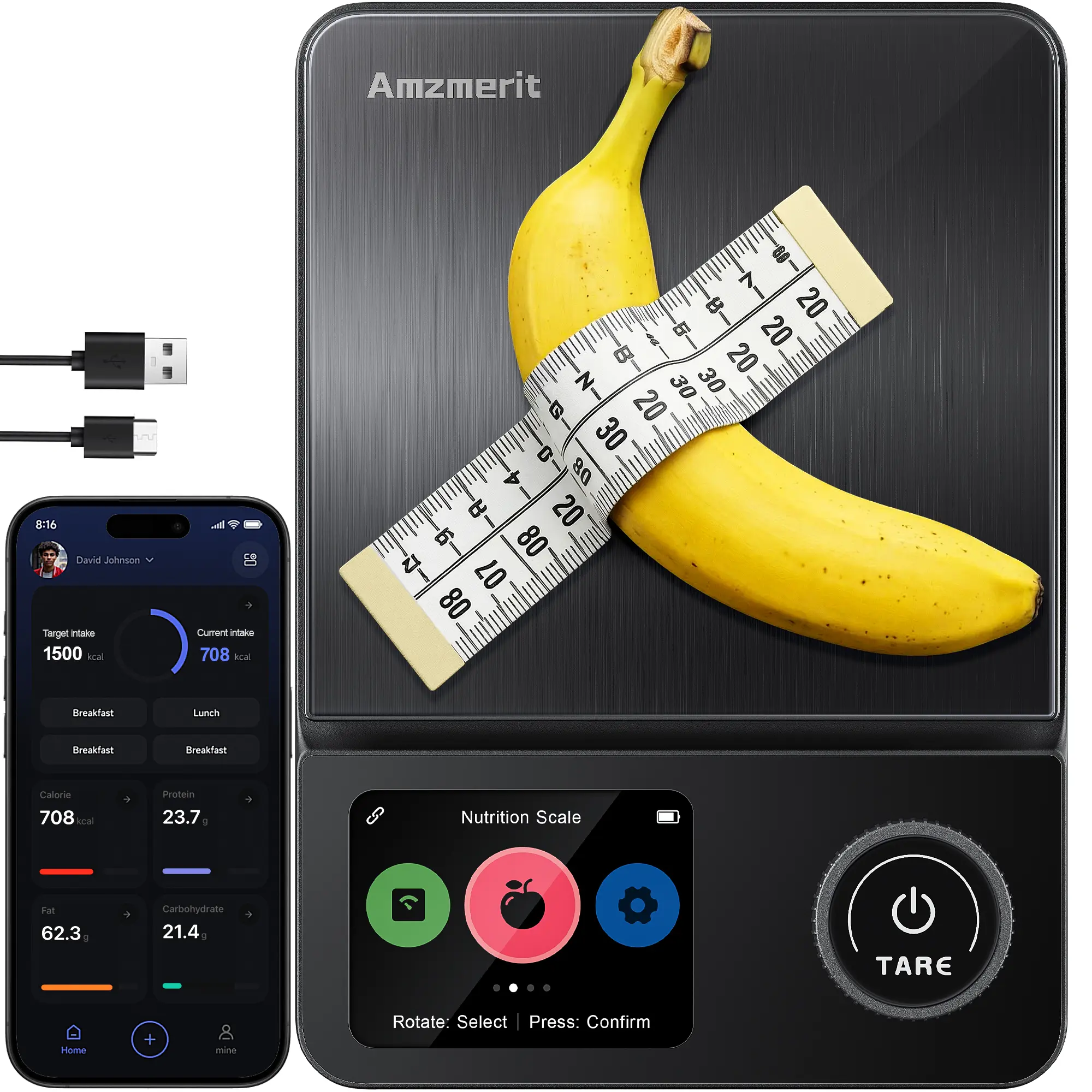 Amzmerit Smart Kitchen Food Scale for Meal Prep & Weight Loss, Digital Macro Tracker with App, Barcode Scan, Built-in Calculator, USB-C, 5 Units, Calorie & Protein Counter for Healthy Diet