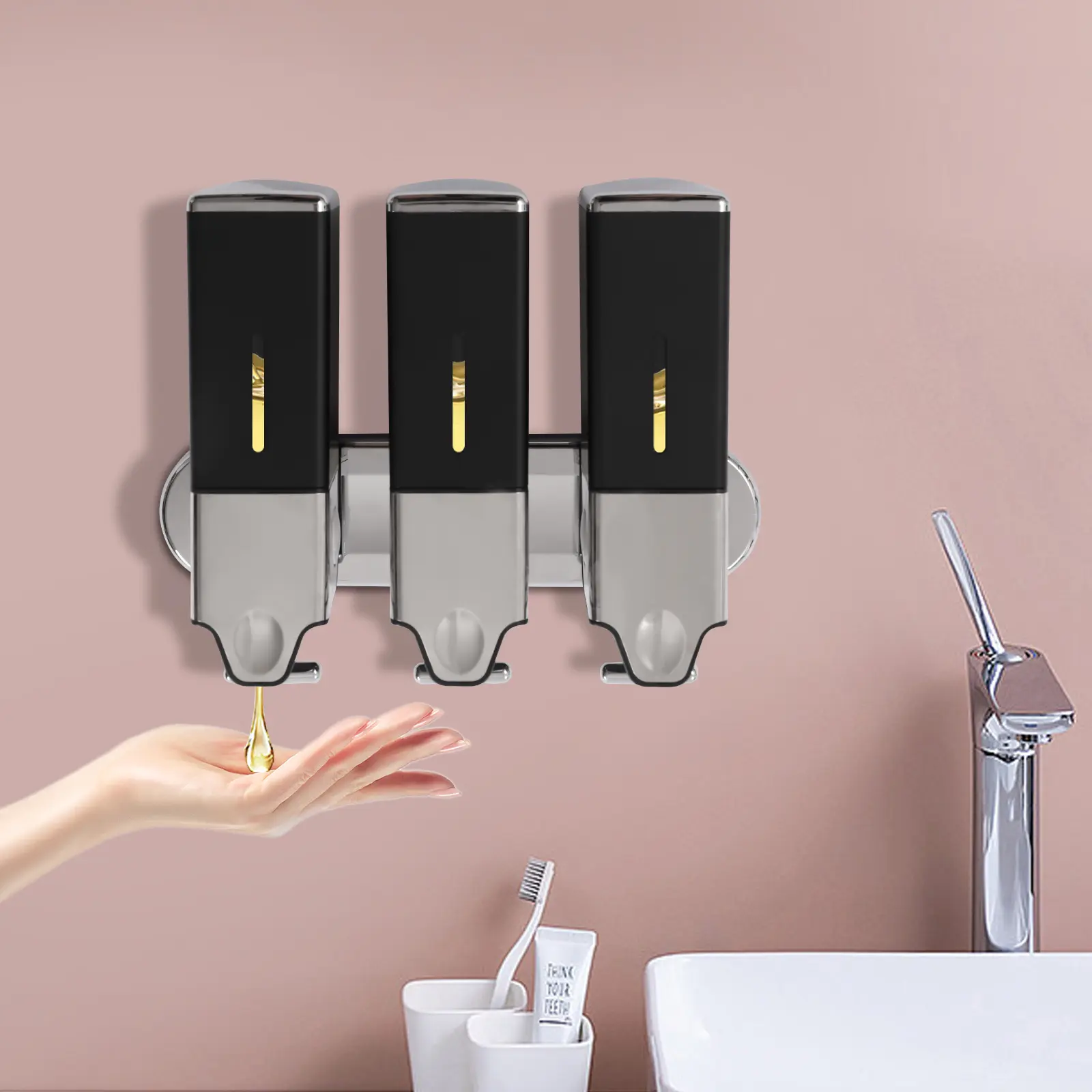CNCEST Wall-Mount Soap Dispenser - Triple 1500ml/50oz Leak-Proof Compact ABS Soap Containers with Locking Key, Black & Silver Bathroom Accessory for Bathroom, Kitchen Use (Shampoo, Lotion), Soap Container