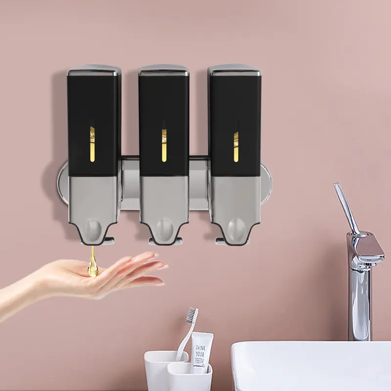 CNCEST Wall-Mount Press-Type Soap Dispenser - 3-Cup 1500ml/50oz Leak-Proof Compact Square ABS Soap Container, Locking Key, Black & Silver Bathroom Accessory for Home Bathroom, Kitchen, Airports, Convenient Use (Shampoo, Lotion)
