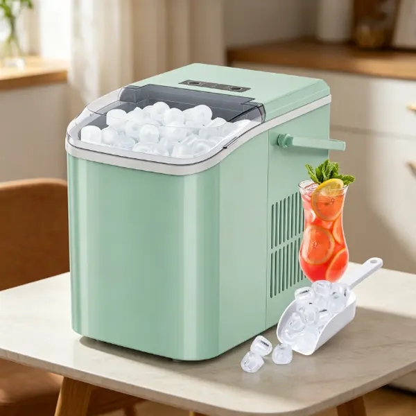 Compact Countertop Ice Maker with Handle & Self-Cleaning, 9 Bullet Cubes/6 Min, 26.5lbs/24H, 2 Ice Sizes, Transparent Window, Low Noise 40dB for Home, Office, RV, Fast Ice Making, Ice Scoop
