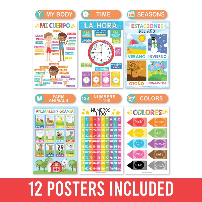Colorful Spanish Posters | Set of 12 | Spanish Educational Supplies - TikTok Shop Duplicate Learning Materials Learning Tool