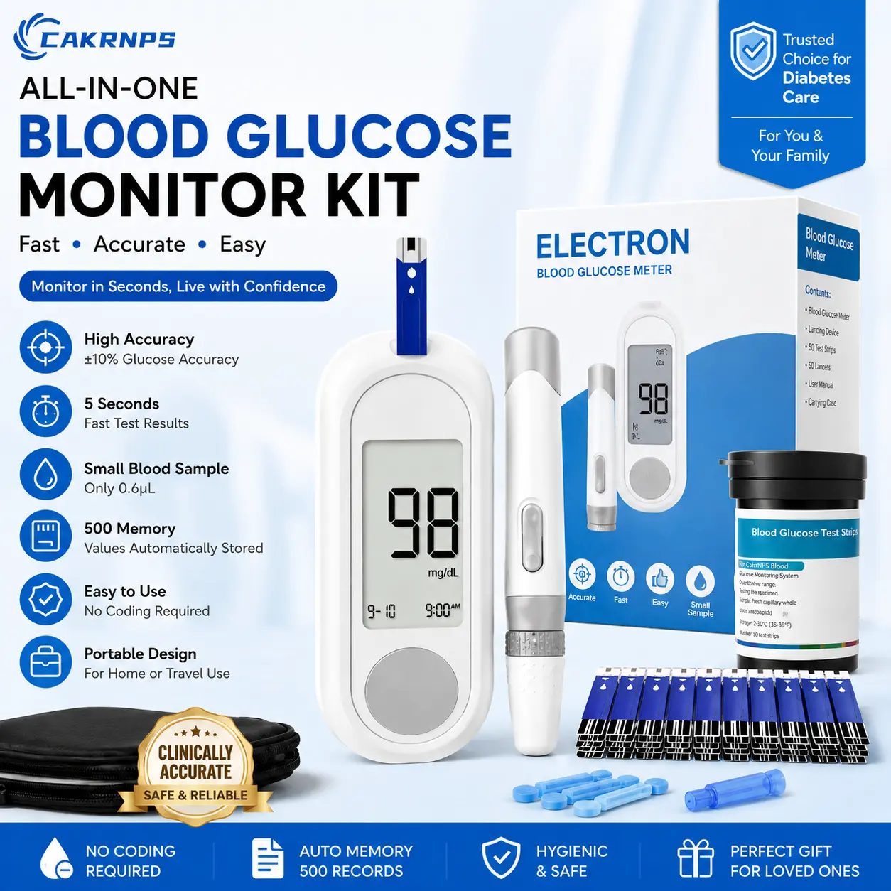 Portable Blood Glucose Monitor with Large LCD, Quick & Easy Reading, Stores 500 Results, Multi-Layer Test Strips, Compact & Accurate — Ideal for Home, Office & Travel,summerwins