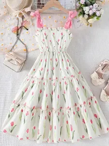 Girl Ditsy Floral Print Frill Trim Bow Shoulder Cami Dress Summer Holiday