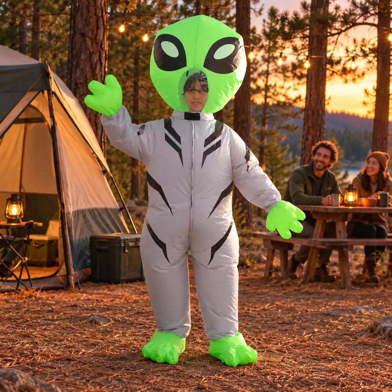 Inflatable Alien Costume, Green Alien Blow Up Suit with Silver Body and Clear Face Window, Funny Halloween Costume for Cosplay, Theme Parties and Parades