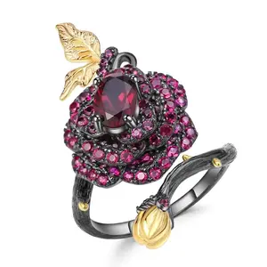 1.00Ct Natural Rhodolite Garnet Rose Flower Ring 925 Sterling Silver Handmade Adjustable Open Ring for Women Bijoux GB