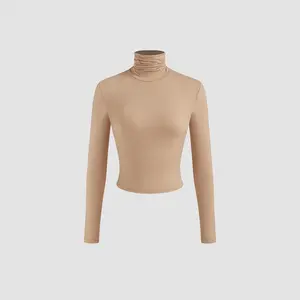 Cider [2 colors, size 2-10] Second Skin Double Layered High Neck Solid Ruched Long Sleeve Crop Tee