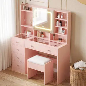 karlhome Large 47.2" Makeup Vanity with 3 Color Lights, Vanity Desk with USB Charging Station, Vanity Makeup Table with Visible Drawers, Hidden and Open Storage Shelves, Five Colors