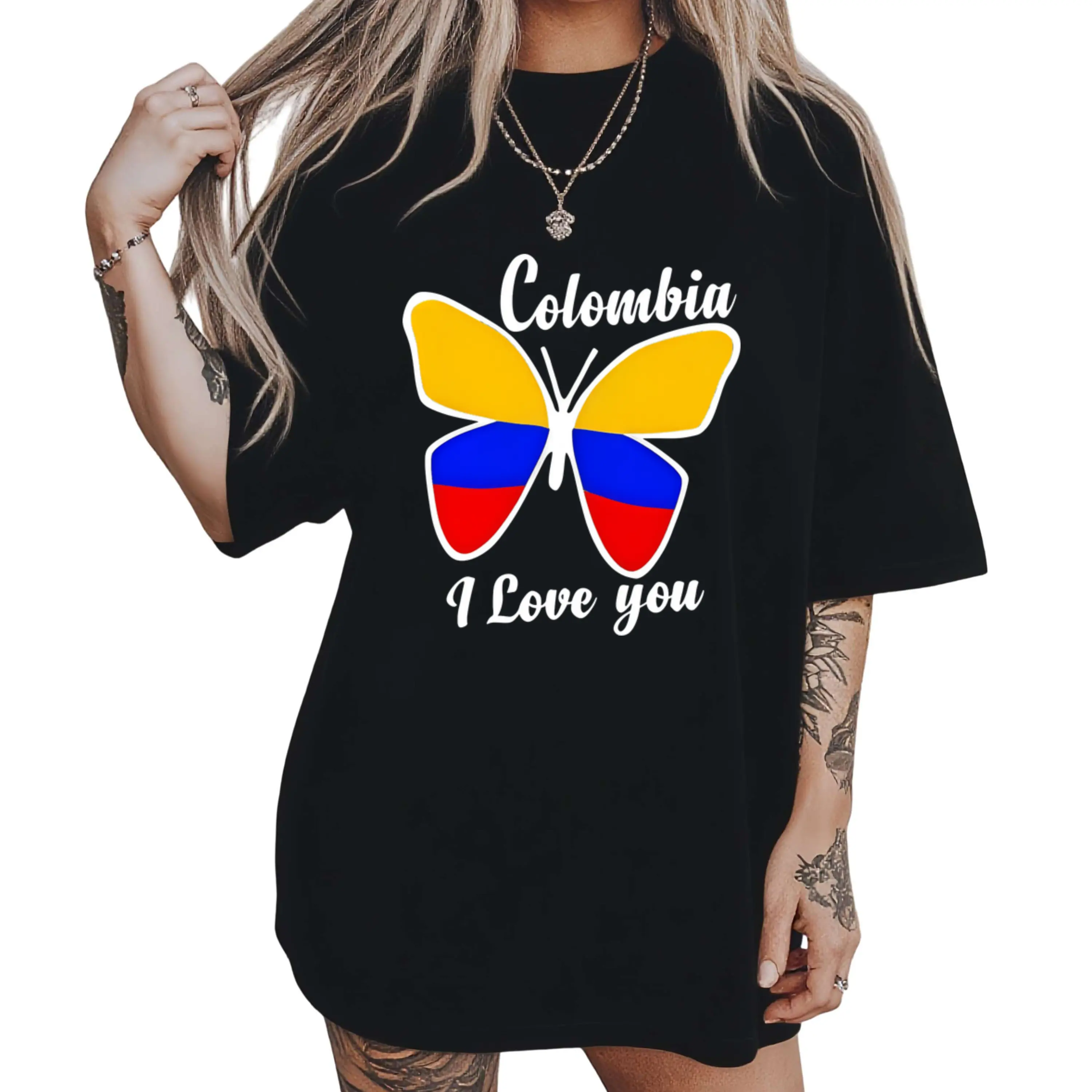 Lightweight T-Shirt Featuring a Butterfly Design with The Colombian Flag, Printed with 'Colombia I Love You'. Ideal for Casual Outings, Outdoor Adventures, Or Lounging at Home, It Offers a Comfortable Fit for Daily Wear
